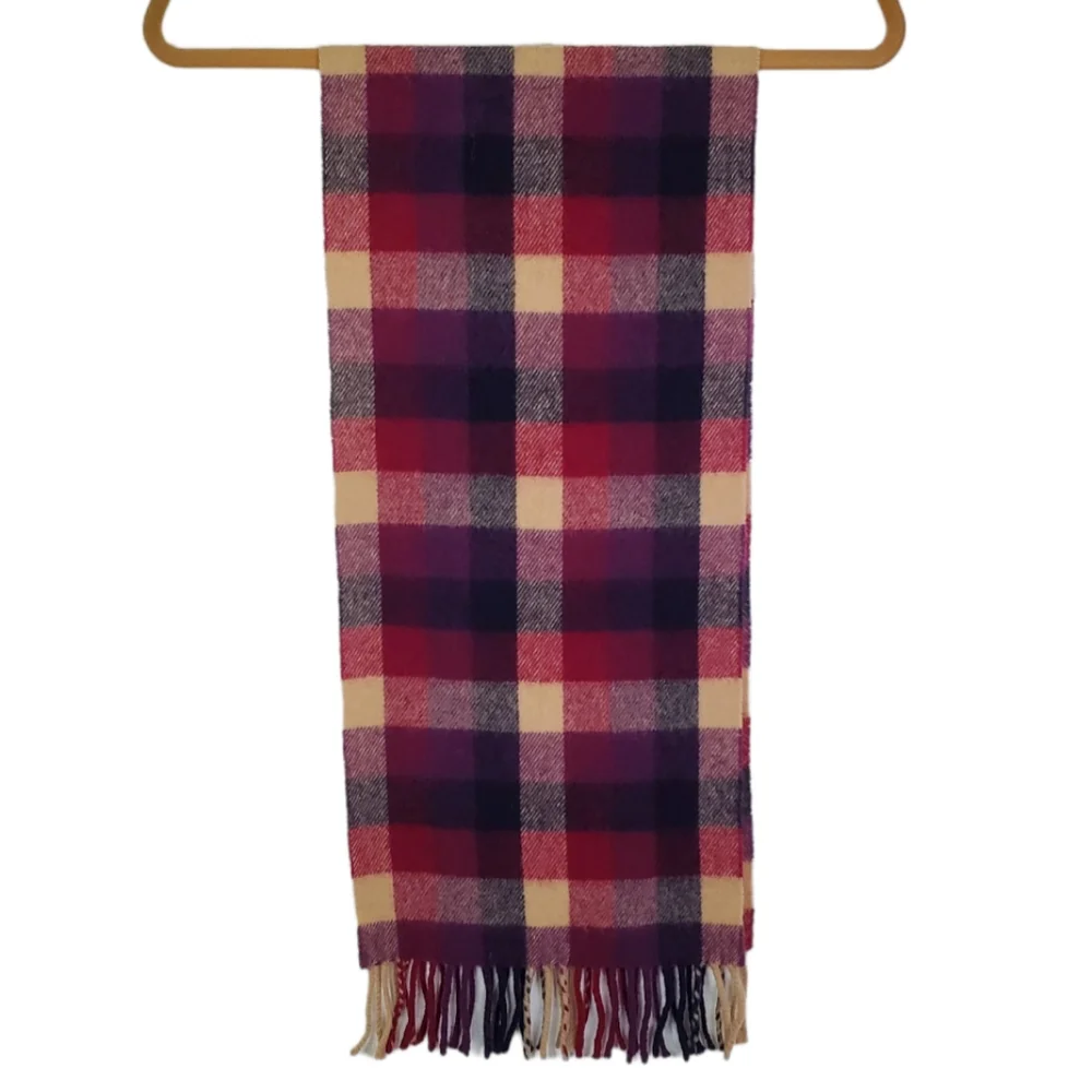 Maban of Scotland Plaid Fringe Scarf Pure New Lambswool Burgundy Black Tan